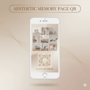 Thumbnail Aesthetic Memory Page QR menampilkan mockup smartphone dengan kolase foto minimalis dan QR code bernuansa pastel yang bersih dan modern.
