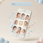 Thumbnail Baby Celebration QR Card dengan mockup smartphone menampilkan foto bayi, elemen dekorasi lembut, dan QR code dalam desain pastel yang manis dan minimalis