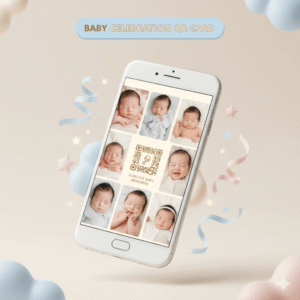 Thumbnail Baby Celebration QR Card dengan mockup smartphone menampilkan foto bayi, elemen dekorasi lembut, dan QR code dalam desain pastel yang manis dan minimalis
