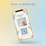 Thumbnail Birthday QR Greeting Card dengan mockup smartphone menampilkan ucapan ulang tahun, ikon balon dan confetti, serta QR code dalam desain ceria pastel.