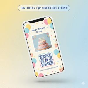 Thumbnail Birthday QR Greeting Card dengan mockup smartphone menampilkan ucapan ulang tahun, ikon balon dan confetti, serta QR code dalam desain ceria pastel.