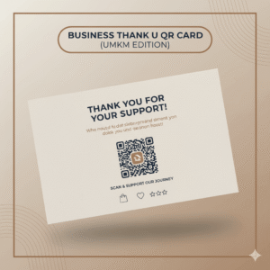 Thumbnail Business Thank You QR Card menampilkan mockup kartu ucapan terima kasih untuk UMKM dengan QR code menuju Instagram atau halaman review, desain clean dan minimalis