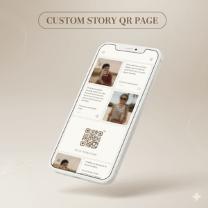 Thumbnail digital Custom Story QR Page menampilkan mockup smartphone dengan layout cerita, foto, dan QR code dalam desain aesthetic premium