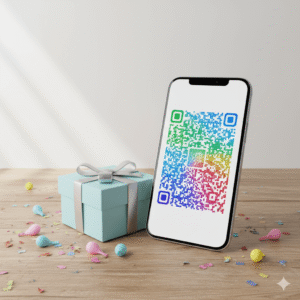 Smartphone showing colorful QR code beside birthday gift box with confetti