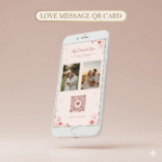 Thumbnail Love Message QR Card dengan mockup smartphone menampilkan pesan cinta, foto couple, elemen hati, dan QR code dalam desain romantis pastel.