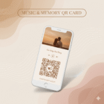 Thumbnail Music & Memory QR Card dengan mockup smartphone menampilkan foto, pesan singkat, ikon musik atau playlist, dan QR code dalam desain elegan bernuansa pastel.