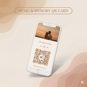 Thumbnail Music & Memory QR Card dengan mockup smartphone menampilkan foto, pesan singkat, ikon musik atau playlist, dan QR code dalam desain elegan bernuansa pastel.