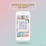 Thumbnail digital gift card menampilkan mockup smartphone dengan galeri foto dan QR code dalam desain pastel aesthetic.