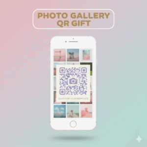 Thumbnail digital gift card menampilkan mockup smartphone dengan galeri foto dan QR code dalam desain pastel aesthetic.