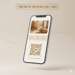 “Thumbnail Premium Memory QR Card dengan mockup smartphone menampilkan foto, video icon, pesan personal, dan QR code dalam desain elegan bernuansa beige