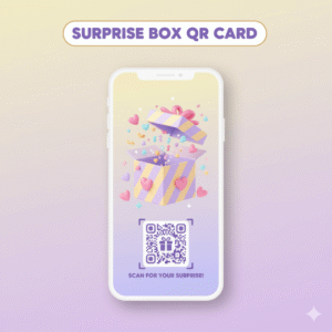 Thumbnail Surprise Box QR Card menampilkan mockup smartphone dengan ilustrasi kotak kejutan terbuka, elemen confetti, dan QR code dalam desain ceria dan modern.
